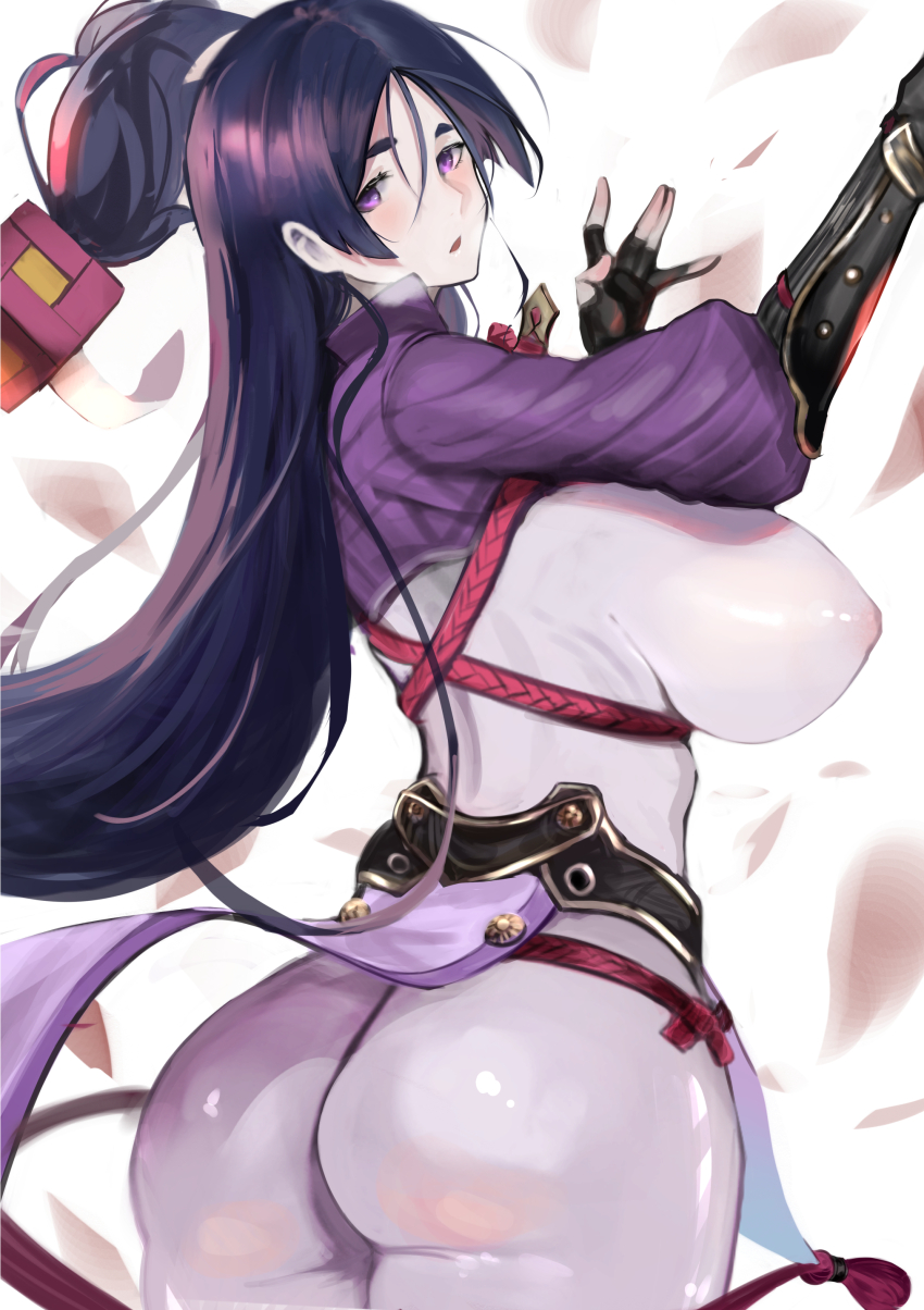 1girl absurdres armor ass back black_gloves blush bodysuit breasts covered_erect_nipples elbow_gloves fate/grand_order fate_(series) fingerless_gloves gloves highres japanese_armor jikihatiman kote large_breasts long_hair looking_at_viewer looking_back minamoto_no_raikou_(fate) parted_bangs pelvic_curtain purple_bodysuit purple_eyes purple_hair ribbed_sleeves rope solo very_long_hair