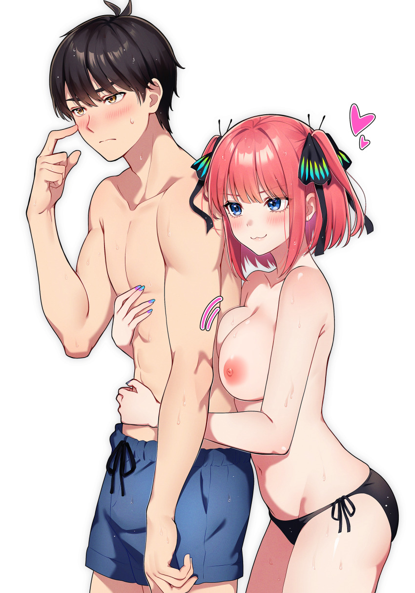 1boy 1girl :3 antenna_hair arm_around_waist arms_around_waist assertive_female bikini bikini_bottom_only black_bikini black_hair black_ribbon blue_eyes blue_nails blunt_bangs blush bob_cut breast_press breasts brown_eyes bulge butterfly_hair_ornament cleavage closed_mouth collarbone couple cowboy_shot embarrassed eyebrows_hidden_by_hair eyelashes finger_to_cheek fingernails from_side frown furrowed_brow go-toubun_no_hanayome groin hair_between_eyes hair_ornament hair_ribbon hand_on_another&#039;s_chest hand_on_another&#039;s_stomach hand_up heart height_difference hetero hug hug_from_behind kurosaki_coco large_breasts male_swimwear medium_hair motion_lines multicolored_nails nail_polish nakano_nino navel nervous_smile nipples nose_blush nude_filter pink_hair ribbon scratching_cheek short_hair shy side-tie_bikini_bottom sidelocks simple_background smile standing stomach straight_hair sweat sweatdrop swim_trunks swimsuit thighs third-party_edit topless_male two_side_up uesugi_fuutarou v-shaped_eyebrows wet white_background yellow_eyes