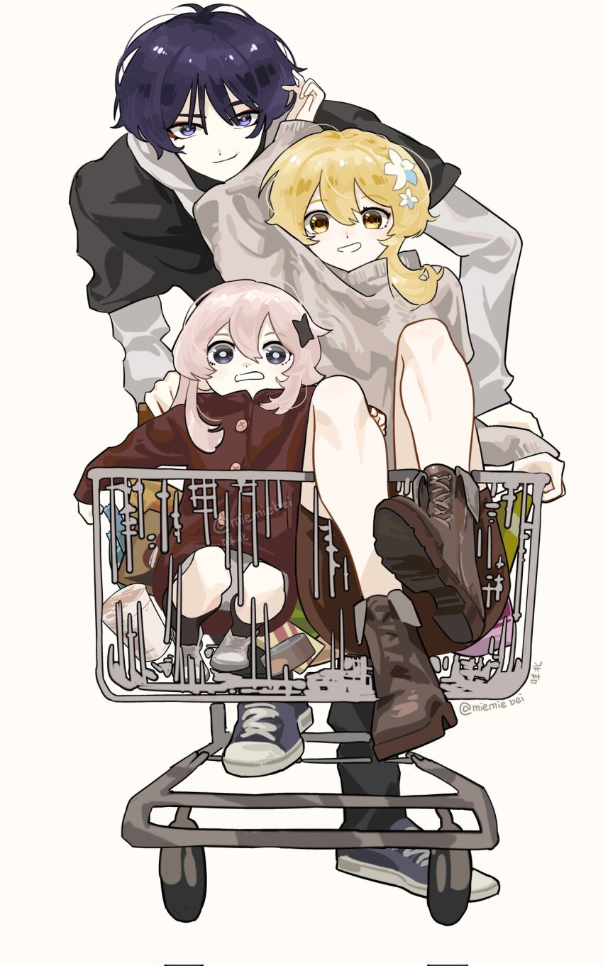 1boy 2girls alternate_costume arm_up arms_at_sides black_hoodie black_sleeves black_socks blonde_hair blue_flower blunt_ends boots brown_boots brown_coat brown_shorts casual coat contemporary diamond_hair_ornament dilated_pupils eyeliner eyeshadow flower genshin_impact grey_shoes grey_sweater hair_between_eyes hair_flower hair_ornament highres hood hoodie in_shopping_cart knees_up lace-up_boots layered_sleeves long_sleeves looking_at_viewer lumine_(genshin_impact) makeup miemiebei multicolored_flower multiple_girls no_pupils open_mouth paimon_(genshin_impact) pale_skin panties purple_eyes purple_hair purple_pupils red_eyeliner red_eyeshadow scaramouche_(genshin_impact) shoes shopping_cart short_hair short_hair_with_long_locks short_sleeves shorts sidelocks socks split_ends sweater tareme tsurime twitter_username underwear white_background white_flower white_hair white_hood white_mouth white_panties white_shoes white_sleeves wide-eyed yellow_eyes