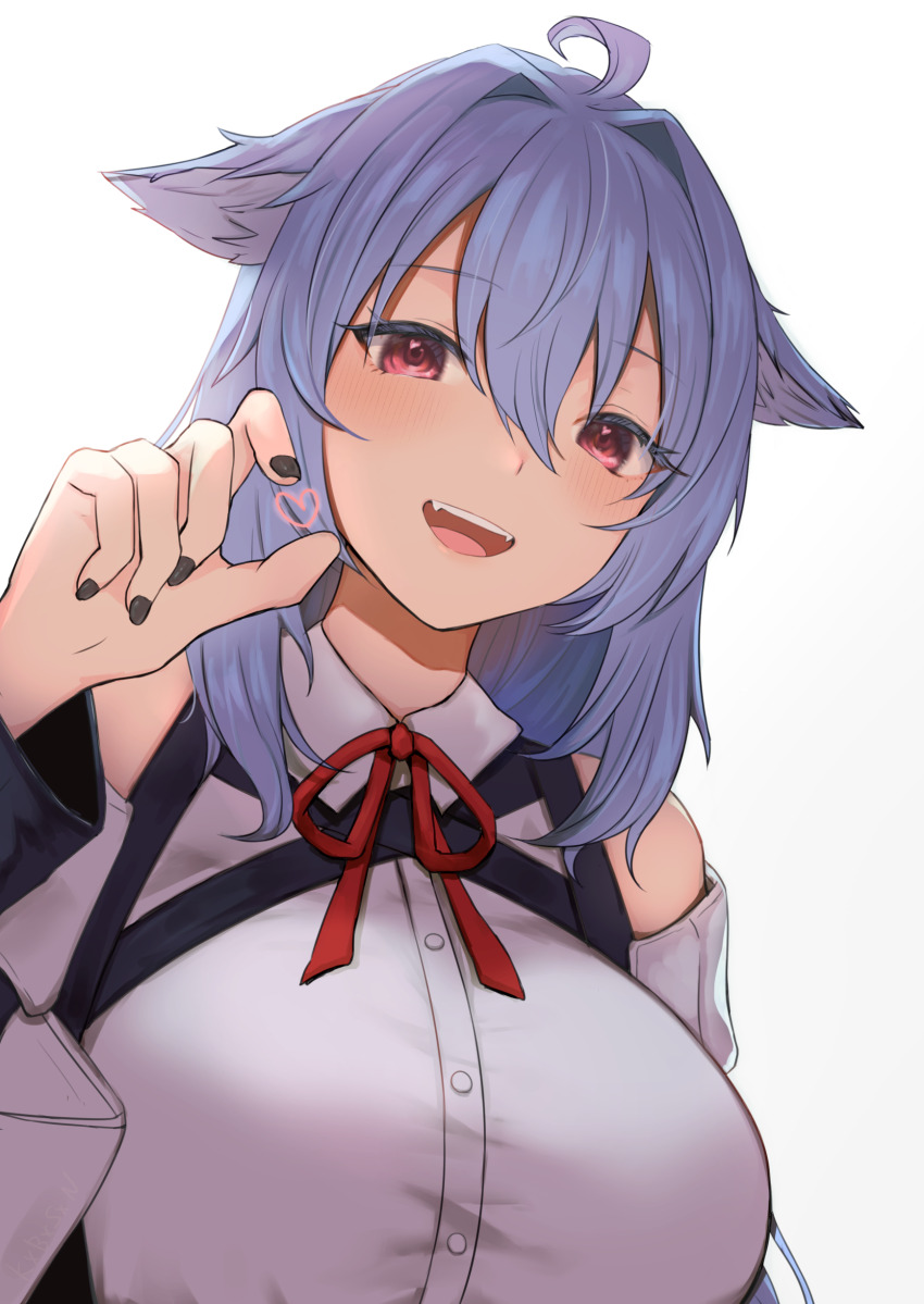 1girl :d absurdres ahoge animal_ears bare_shoulders black_nails blue_hair blush breasts collared_shirt fangs hair_between_eyes heart highres kikyo_(vrchat) large_breasts long_hair long_sleeves looking_at_viewer moshoko_(mizuneroku) nail_polish neck_ribbon open_mouth red_eyes red_ribbon ribbon shirt simple_background smile solo teeth upper_body upper_teeth_only vrchat white_background white_shirt