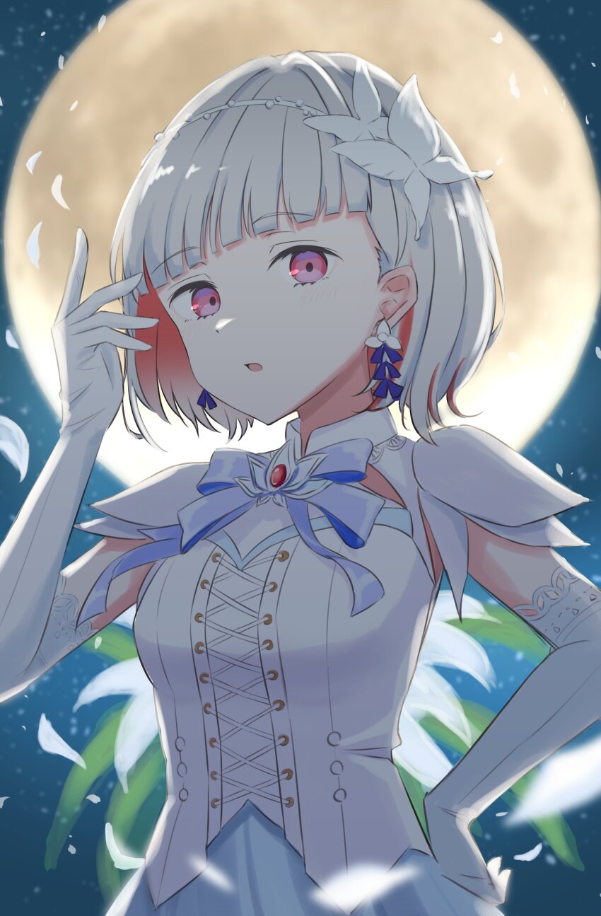 1girl 4th_live_dream_~bloom_the_dream_believers~ absurdres aurora_flower_(love_live!) blue_ribbon breasts butterfly_hair_ornament collarbone colored_inner_hair commentary diagonal_bangs earrings elbow_gloves english_commentary flower_earrings full_moon gekka_bijin_(love_live!) gloves hair_intakes hair_ornament hairband hand_on_own_hip hand_up highres iroha_(nami3) jewelry link!_like!_love_live! looking_at_viewer love_live! medium_breasts moon multicolored_hair neck_ribbon official_alternate_costume open_mouth pink_eyes red_hair ribbon shirt short_hair short_sleeves solo streaked_hair upper_body virtual_youtuber white_gloves white_hair white_hairband white_shirt yugiri_tsuzuri