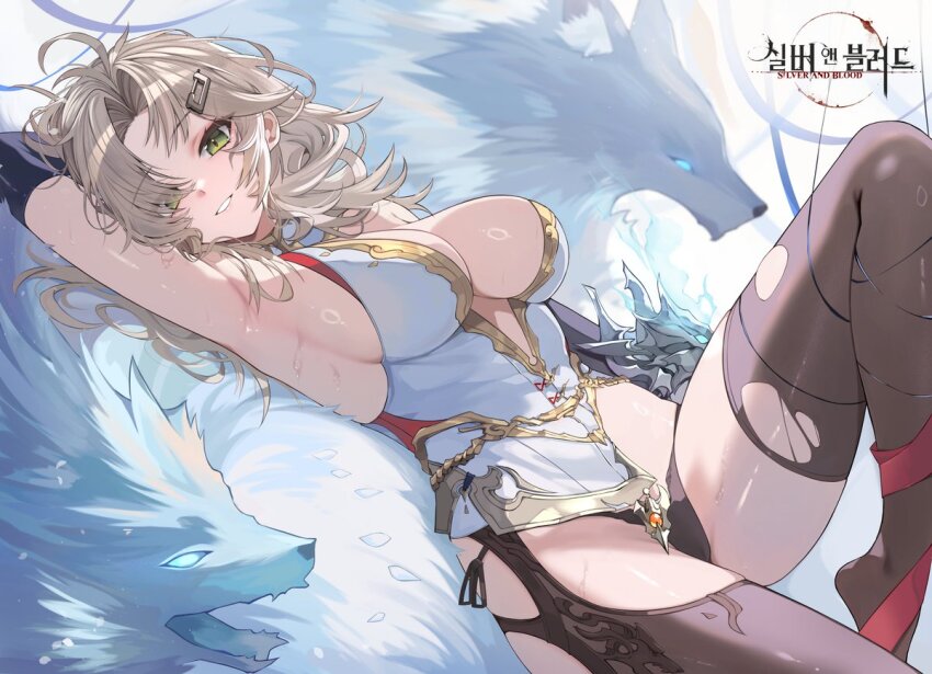 1girl armpits asymmetrical_legwear black_panties blonde_hair bound_leg breasts center_opening character_request clothing_cutout copyright_name curtained_hair eyes_visible_through_hair green_eyes hair_ornament hair_over_one_eye hairclip kkato large_breasts long_hair looking_at_viewer lying messy_hair official_art on_back panties shirt sideboob silver_and_blood single_thighhigh sleeveless sleeveless_shirt smile solo thigh_cutout thighhighs underwear wolf