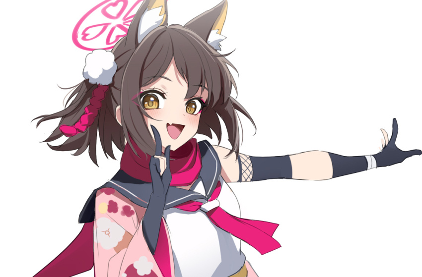 1girl animal_ear_fluff animal_ears blue_archive blunt_bangs brown_eyes brown_hair extra_ears eyeliner fang halo hoshino_ruby_dance izuna_(blue_archive) looking_at_viewer makeup medium_hair open_mouth pink_halo sidelocks simple_background skin_fang smile stone_(ksorede) white_background
