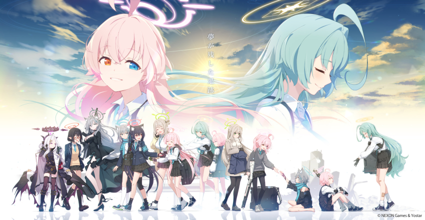 6+girls ahoge animal_ear_fluff animal_ears assault_rifle ayane_(blue_archive) azumi_akitake bandaged_arm bandages barefoot beretta_1301 black_gloves black_pantyhose black_shirt black_skirt black_vest blue_archive blue_eyes blue_halo blue_necktie blue_scarf blue_sky blush breasts brown_coat brown_footwear closed_mouth cloud coat collared_shirt commentary_request copyright_name copyright_notice cross cross_hair_ornament dress_shirt eye_contact fingerless_gloves flat_chest foot_up gloves gradient_sky green_eyes green_hair green_halo grey_hair grey_sweater gun hair_bun hair_ornament half_updo halo helping heterochromia highres hina_(blue_archive) holding holding_gun holding_jacket holding_unworn_clothes holding_weapon hoshino_(blue_archive) hoshino_(first_year)_(blue_archive) hoshino_(second_year)_(blue_archive) huge_ahoge inverted_cross jacket large_breasts loafers logo long_hair long_sleeves looking_at_another medium_hair miniskirt multiple_girls necktie nonomi_(blue_archive) official_art on_ground open_mouth orange_eyes outdoors pantyhose pink_hair pink_halo plaid_clothes plaid_skirt pleated_skirt ponytail rifle scarf serika_(blue_archive) shiroko_(blue_archive) shiroko_(young)_(blue_archive) shiroko_terror_(blue_archive) shirt shoes short_hair shotgun sig_sauer sig_sauer_556 single_off_shoulder single_side_bun sitting skirt sky smile sneakers socks standing suitcase sunrise sweater three-quarter_sleeves torn_clothes torn_shirt untied_shoelaces unworn_jacket very_long_hair vest weapon white_footwear white_scarf white_shirt white_socks wolf_ears yellow_eyes yellow_halo yellow_sky yume_(blue_archive)