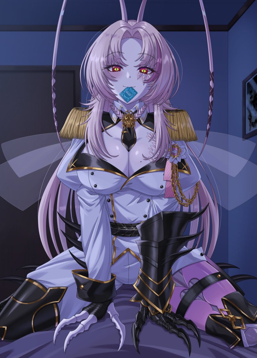 1girl absurdres antenna_hair arthropod_girl between_breasts black_necktie breasts cleavage closed_mouth cockroach_girl commentary condom english_commentary gardavwar highres indie_virtual_youtuber jacket large_breasts long_hair looking_at_viewer matara_kan matara_kan_(military) military_uniform mole mole_on_breast monster_girl mouth_hold necktie necktie_between_breasts pants pink_hair red_eyes solo very_long_hair virtual_youtuber white_jacket white_pants