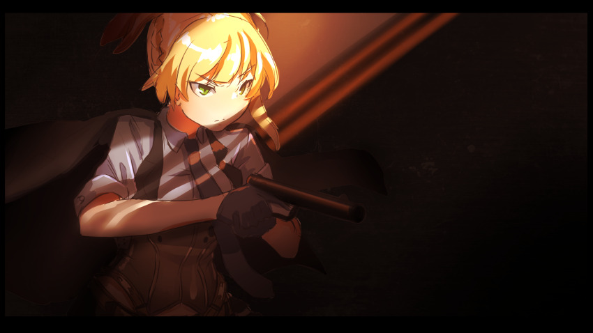 1girl black_gloves black_jacket black_necktie black_vest blonde_hair bolt_action braid closed_mouth collared_shirt commentary_request dress_shirt girls&#039;_frontline gloves green_eyes grey_shirt gun half_gloves handgun highres holding holding_gun holding_weapon integral_suppressor integrally-suppressed_firearm jacket jacket_on_shoulders kuro_kosyou letterboxed name_connection necktie object_namesake shirt short_sleeves solo suppressor upper_body v-shaped_eyebrows vest weapon welrod welrod_mk_ii welrod_mkii_(girls&#039;_frontline)