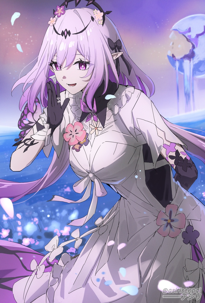1girl absurdres adapted_costume arm_behind_back asiri_senpai asymmetrical_gloves black_tiara bow breasts butterfly_earrings castorice_(honkai:_star_rail) commentary dress earrings elbow_gloves flower gloves hair_bow hair_flower hair_ornament hand_up highres honkai:_star_rail honkai_(series) jewelry leaning_forward long_dress long_hair looking_at_viewer medium_breasts open_mouth pink_flower purple_bow purple_eyes purple_flower purple_gloves purple_hair sidelocks single_elbow_glove smile solo tiara twitter_username uneven_gloves very_long_hair white_dress