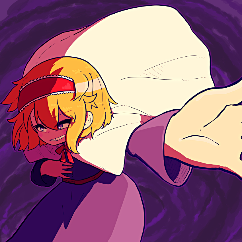 1girl absurdres alice_margatroid blonde_hair bow bowing bowtie capelet collared_capelet commentary_request cookie_(touhou) cowboy_shot frilled_hairband frills grin hairband highres long_sleeves looking_afar muimui_(4242564muimui) purple_background purple_eyes red_bow red_bowtie red_hairband short_hair smile solo spiral_background taisa_(cookie) touhou v-shaped_eyebrows white_capelet
