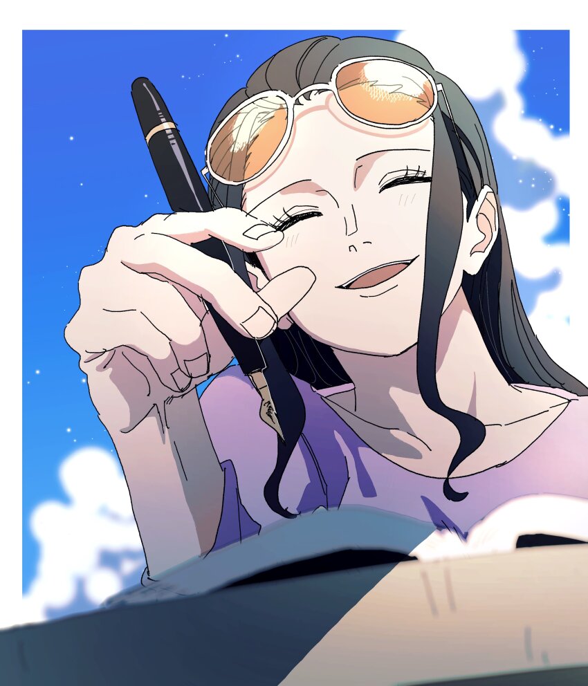 1girl ^_^ absurdres black_hair blue_sky blush closed_eyes cloud eyelashes eyewear_on_head highres holding holding_pen long_hair nico_robin one_piece open_mouth orange-tinted_eyewear outdoors pen pnpk_1013 purple_shirt shirt sidelocks sky solo tinted_eyewear