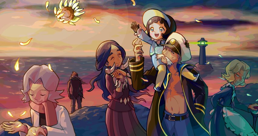 2boys 4girls :d apron az_(pokemon) belt bertha_(pokemon) black_belt black_hair blonde_hair blue_pants cane closed_eyes closed_mouth coat drake_(pokemon) drasna_(pokemon) dress falling_petals ffccll flower_head gloves grey_hair hat highres jacket lighthouse long_hair multiple_boys multiple_girls nintendo open_mouth outdoors outstretched_arm pants pantyhose parted_bangs petals pokemon pokemon_dppt pokemon_rse pokemon_sv pokemon_xy poppy_(pokemon) scarf shoes skirt smile standing teeth twilight upper_teeth_only waist_apron white_apron white_hat yellow_pantyhose