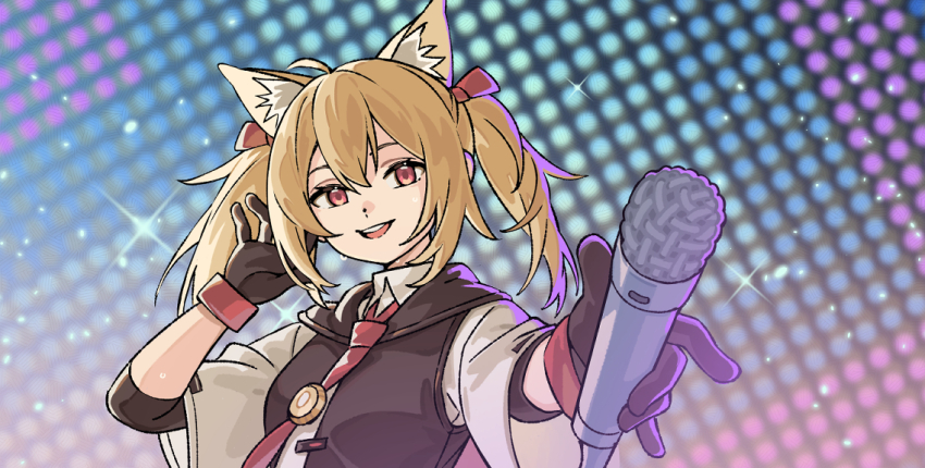1girl animal_ears arknights black_gloves blonde_hair chinese_commentary commentary_request favilia gloves holding holding_microphone idol looking_at_viewer microphone necktie open_mouth red_eyes red_necktie short_sleeves solo sora_(arknights) teeth twintails upper_body upper_teeth_only wolf_ears wolf_girl
