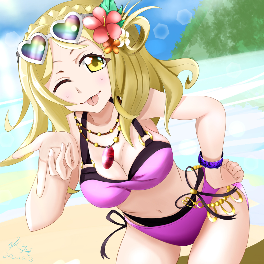 1girl 2021 :p ;) artist_name artist_request bare_legs bare_shoulders beach bikini bikini_skirt blonde_hair blue_sky blush bracelet braid breasts cleavage cloud collarbone crown_braid dated day drop_necklace female_focus floral_print flower frilled_thigh_strap green_eyes hair_flower hair_ornament hair_rings hand_on_own_hip highres jewelry layered_bikini leaning_forward legwear_garter lens_flare looking_at_viewer love_live! love_live!_school_idol_festival love_live!_sunshine!! medium_breasts medium_hair navel necklace o-ring o-ring_bikini o-ring_top ocean ohara_mari one_eye_closed outdoors parted_lips pearl_bracelet plaid_bikini plaid_clothes purple_bikini purple_scrunchie red_flower scrunchie short_hair side-tie_bikini_bottom single_legwear_garter sky smile soles solo standing sunglasses sunglasses_on_head swimsuit thigh_strap tongue tongue_out wrist_band wrist_scrunchie wristband yellow_eyes