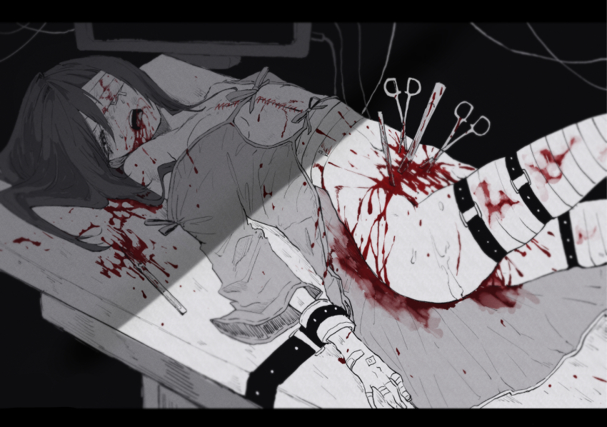 1girl bandaged_head bandaged_leg bandages bleeding blood blood_on_clothes blood_on_face bound bound_arms flat_chest gauze gauze_over_eye guro hospital_gown injury long_hair monochrome open_mouth operating_table original red_hod scalpel solo spot_color stab surgical_scissors table thigh_strap