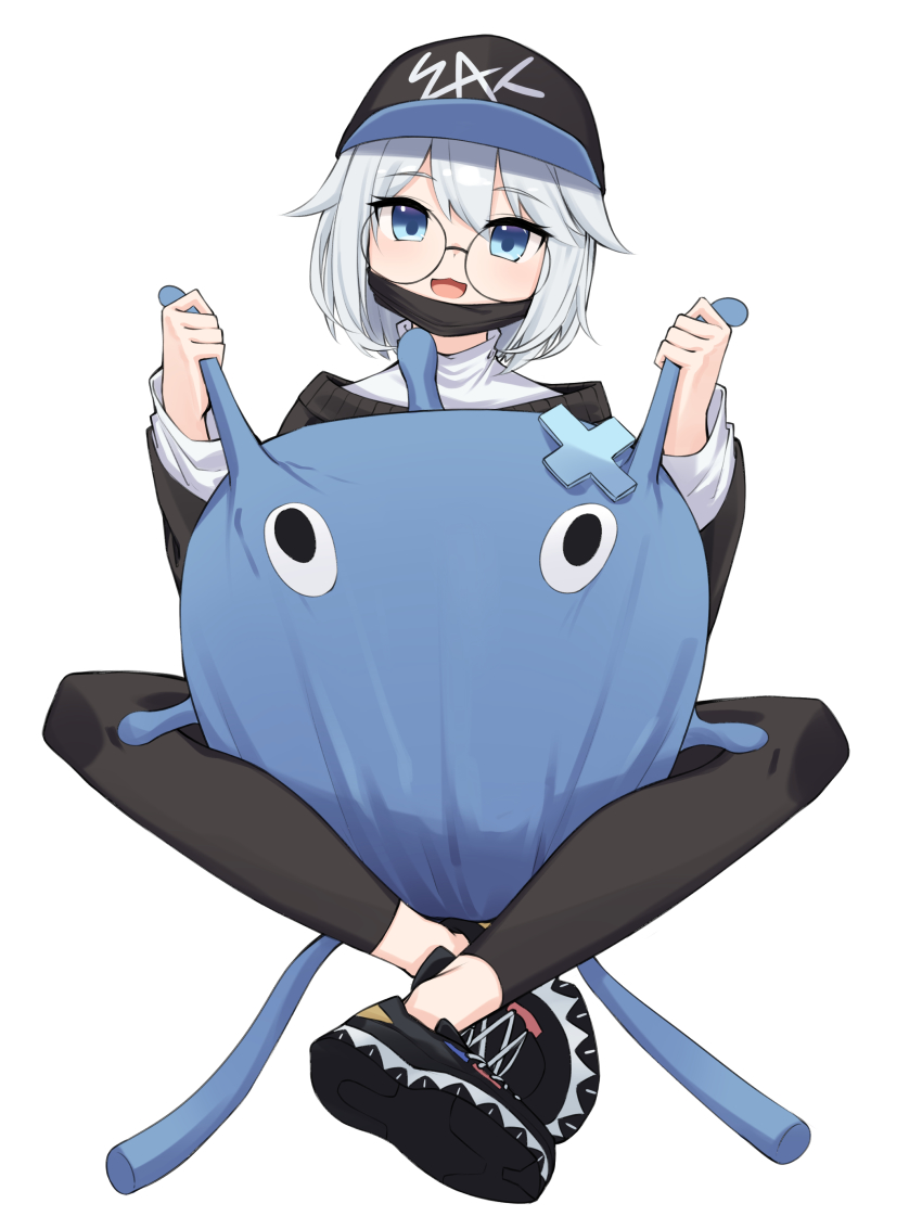 1girl :3 :d absurdres baseball_cap black_hat black_jacket black_pants black_shoes blue_eyes glasses gosegu hair_flaps hat highres indian_style jacket long_sleeves looking_at_viewer open_mouth pants rimless_eyewear round_eyewear shirt shoes short_hair simple_background sitting smile sneakers solo undershirt virtual_youtuber waktaverse white_background white_hair white_shirt ziro_(zirorong)