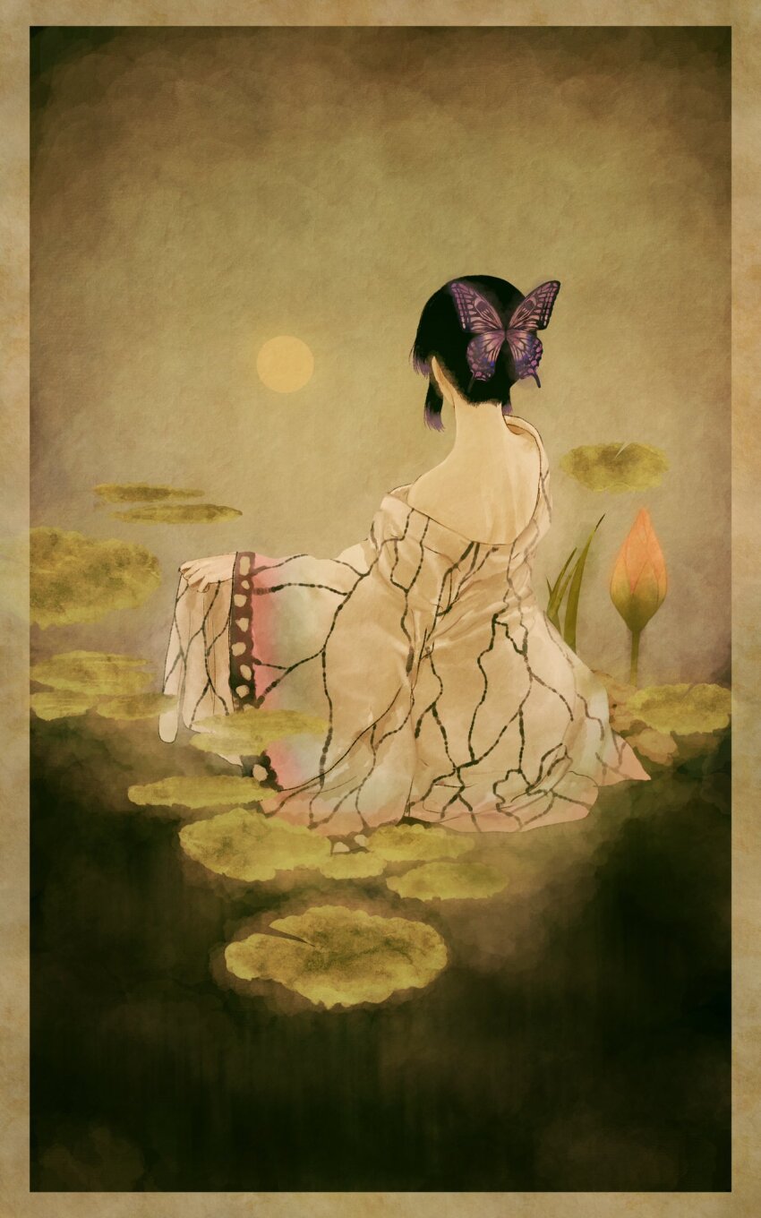 1girl butterfly_hair_ornament flower from_behind hair_ornament highres japanese_clothes kimetsu_no_yaiba kimono kochou_shinobu lotus lotus_pod maadaa print_kimono sitting solo