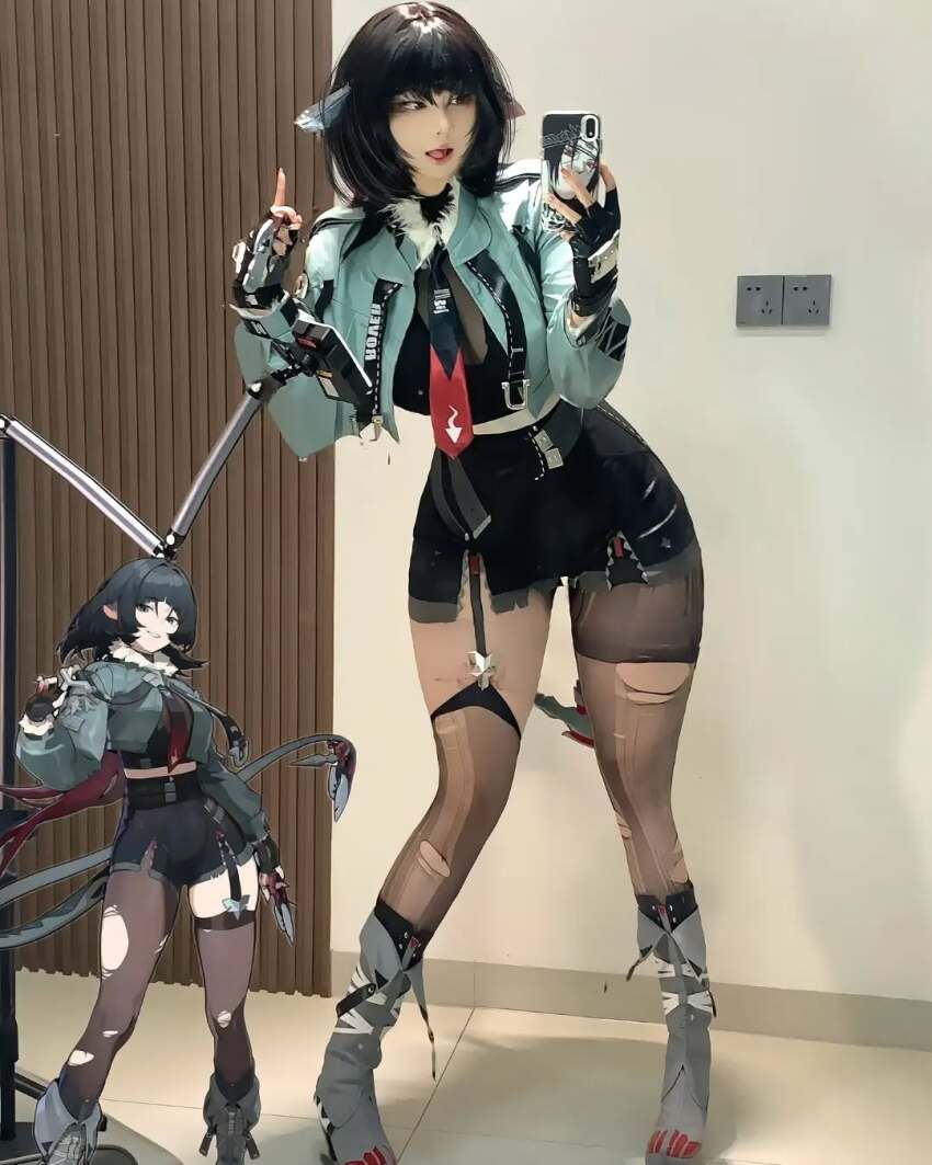 1girl 2024 animal_ears black_gloves black_hair black_necktie black_shorts boots brand_name_imitation breasts cellphone character_name chinese_commentary commentary contrapposto cosplay cosplay_photo covered_face cowboy_shot crop_top feet female_focus fingerless_gloves fingernails from_behind full_body fur-trimmed_jacket fur_trim garter_straps gloves green_eyes grey_boots grey_jacket grey_thighhighs highres holding holding_phone indoors jacket jane_doe_(zenless_zone_zero) jane_doe_(zenless_zone_zero)_(cosplay) lace_trim large_breasts long_fingernails long_hair long_sleeves looking_at_viewer midriff mouse_ears mouse_girl mouse_tail multicolored_necktie multiple_views necktie official_art_inset open_mouth pants pantyhose phone photo_(medium) real_life red_lips red_necktie reference_inset selfie shadow sharp_fingernails sharp_tail shorts skindentation soles standing straight-on tail thick_thighs thighhighs thighs torn_clothes torn_thighhighs unworn_pants wide_hips yingyinng zenless_zone_zero