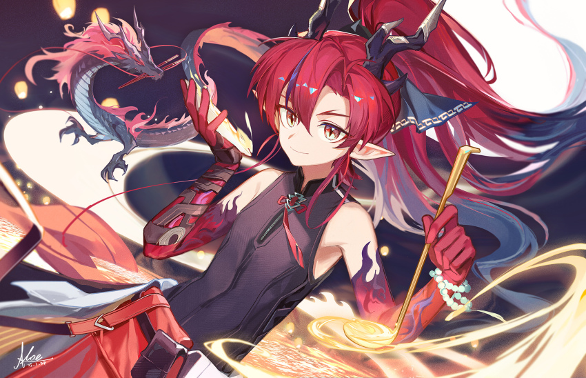 1boy arknights armpits bead_bracelet beads black_background black_shirt bracelet colored_extremities colored_skin commentary_request dragon dragon_horns eastern_dragon highres holding holding_ladle horns jewelry koe_(mixpi) ladle looking_at_viewer magic male_focus pants pointy_ears ponytail red_hair red_pants red_skin shirt signature sleeveless sleeveless_shirt slit_pupils smile solo white_background yu_(arknights)