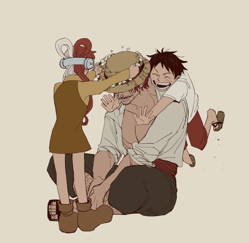 1girl 2boys aged_down bare_legs black_hair closed_eyes commentary facial_hair full_body hair_rings hat headphones highres indian_style long_hair monkey_d._luffy multicolored_hair multiple_boys muted_color one_piece one_piece_film:_red open_mouth pojinoki red_hair shanks_(one_piece) shirt short_hair simple_background sitting smile split-color_hair straw_hat teeth two-tone_hair uta_(one_piece) white_hair white_shirt