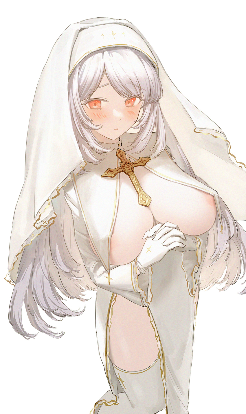 1girl albino areola_slip blush breast_curtains breasts cleavage commission covered_erect_nipples cross elbow_gloves gloves highres interlocked_fingers jfjf large_breasts long_hair looking_at_viewer no_bra nun original own_hands_clasped own_hands_together parted_lips pelvic_curtain red_eyes side_slit simple_background skeb_commission solo thighhighs veil very_long_hair white_background white_gloves white_hair white_thighhighs
