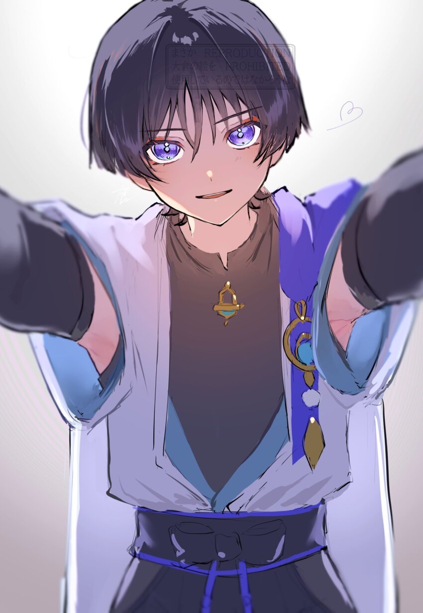 1boy belt black_belt black_bodysuit black_bow black_hair black_shorts blue_gemstone blue_sleeves blunt_ends bodysuit bow cape eyeliner eyeshadow feathers female_pov foreshortening furisode gem genshin_impact gold heart highres hip_vent japanese_clothes juban kabedon_on_viewer kimono layered_sleeves light_blush looking_at_viewer makeup male_focus mandarin_collar nero_hanken open_clothes open_kimono open_mouth pom_pom_(clothes) pov print_kimono purple_cape purple_eyes purple_sash red_eyeliner red_eyeshadow sash scaramouche_(genshin_impact) short_sleeves shorts smile solo straight-on teeth upper_body upper_teeth_only vision_(genshin_impact) wanderer_(genshin_impact) white_background white_kimono white_sleeves wispy_bangs yellow_feathers