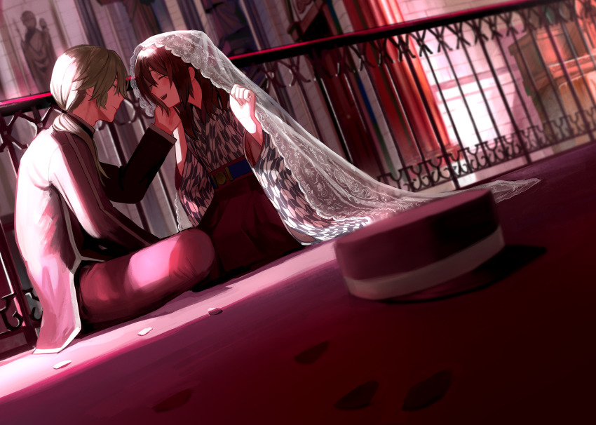 1boy 1girl absurdres ayazuki_mei closed_eyes dutch_angle facing_another hakama hat unworn_hat unworn_headwear hetero highres hishida_shunsou indoors japanese_clothes long_sleeves meiji_tokyo_renka on_floor petals railing sitting statue talc001 veil