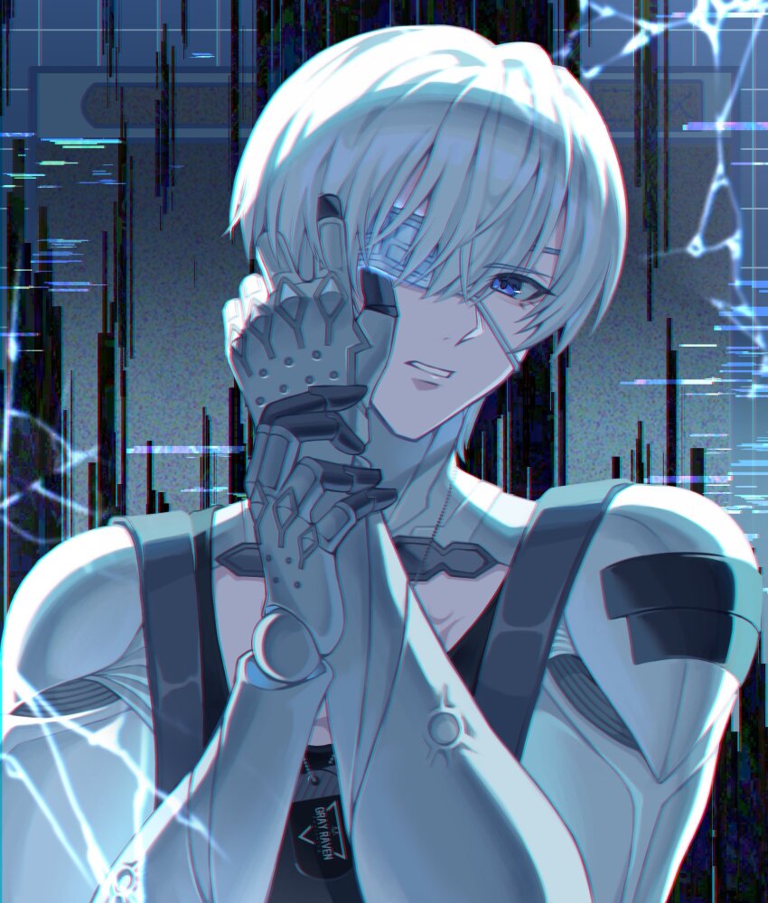 1boy black_shirt blue_eyes commentary_request crack cracked_glass cracked_screen dog_tags eyepatch glitch grey_background hair_between_eyes hands_up head_tilt highres jewelry lee:_entropy_(ashen_end)_(pgr) lee:_entropy_(pgr) lee_(pgr) looking_at_viewer male_focus mechanical_arms medical_eyepatch necklace official_alternate_costume one_eye_covered parted_lips punishing:_gray_raven shirt short_hair solo toi_pngr upper_body white_hair