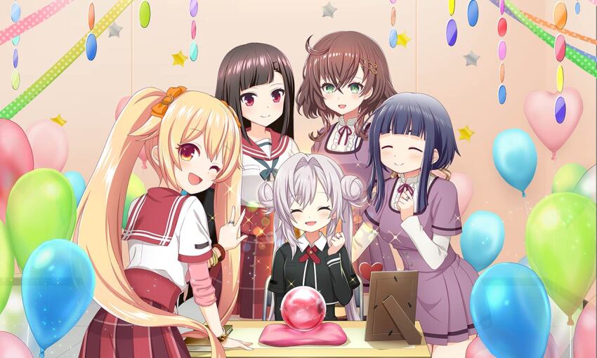 5girls ^_^ ahoge aqua_necktie artist_request asymmetrical_bangs balloon black_hair black_jacket black_shirt blonde_hair blue_hair blunt_bangs bow bracelet brown_hair center_frills chair clenched_hand closed_eyes closed_mouth collared_shirt cowboy_shot crossed_bangs crystal_ball daito_academy_school_uniform desk dot_nose double_bun dress eyelashes fingernails frills game_cg gold_bracelet grey_hair hair_between_eyes hair_bow hair_bun hair_intakes hair_ornament hairclip happy heart_balloon high-waist_skirt high_collar hime_cut indoors jacket jewelry kamihama_university_affiliated_school_uniform kisaki_emiri layered_sleeves light_blush light_particles long_hair long_sleeves looking_at_another looking_at_viewer looking_back magia_record:_mahou_shoujo_madoka_magica_gaiden mahou_shoujo_madoka_magica minagi_sasara mizuna_girls&#039;_academy_school_uniform multiple_bracelets multiple_girls neck_ribbon necktie official_art on_chair one_eye_closed open_clothes open_jacket open_mouth orange_bow orange_eyes parted_lips picture_frame pillow pink_sleeves plaid_clothes plaid_skirt pleated_skirt purple_dress red_necktie red_ribbon red_sailor_collar red_skirt ribbon ring sailor_collar school_chair school_desk school_uniform shirt shirt_under_dress short_dress short_hair_with_long_locks short_over_long_sleeves short_sleeves sidelocks sitting skirt sleeves_rolled_up smile sparkle star_(symbol) straight_hair streamers tatsuki_asuka twintails very_long_hair white_shirt yakumo_mikage yayoi_kanoko
