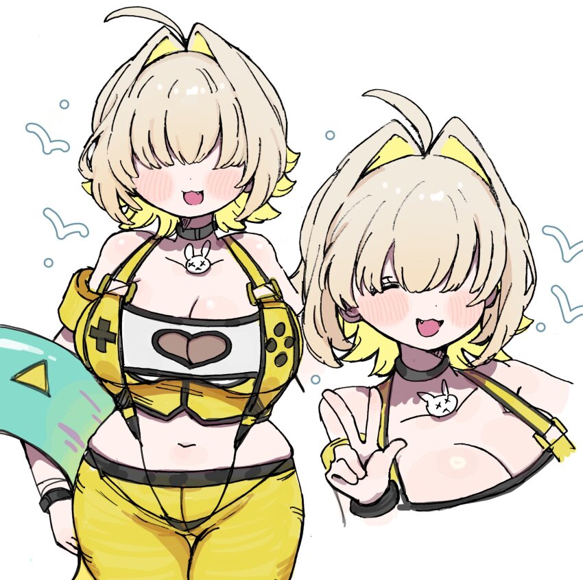 010mzam 1girl bikini blonde_hair blue_innertube blush breasts clothing_cutout elegg_(boom_and_shock)_(nikke) elegg_(nikke) fang goddess_of_victory:_nikke hair_intakes hair_over_eyes heart_cutout highres holding holding_swim_ring innertube large_breasts long_bangs looking_at_viewer multicolored_hair navel open_mouth see-through_bikini see-through_clothes see-through_slingshot_swimsuit short_hair slingshot_swimsuit smile solo standing swim_ring swimsuit two-sided_gloves two-tone_hair yellow_slingshot_swimsuit
