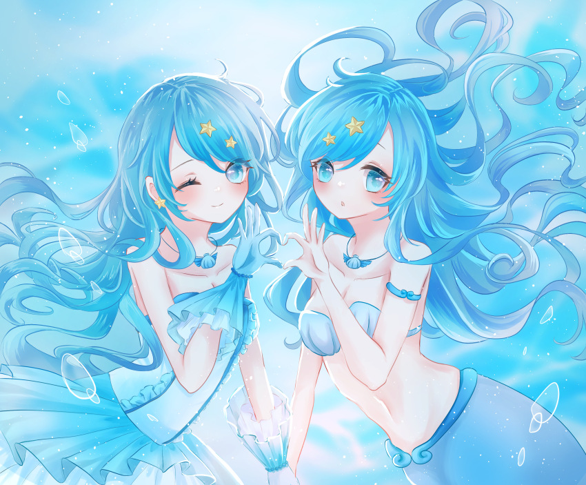 2girls absurdres air_bubble armlet blue_background blue_dress blue_eyes blue_gloves blue_hair breasts bubble chimy cleavage day dress gloves hair_ornament heart heart_hands heart_hands_duo highres holding_hands houshou_hanon houshou_hanon_(idol) houshou_hanon_(mermaid) jewelry long_hair medium_breasts mermaid mermaid_melody_pichi_pichi_pitch monster_girl multiple_girls navel necklace one_eye_closed outdoors shell shell_necklace star_(symbol) star_hair_ornament sunlight underwater