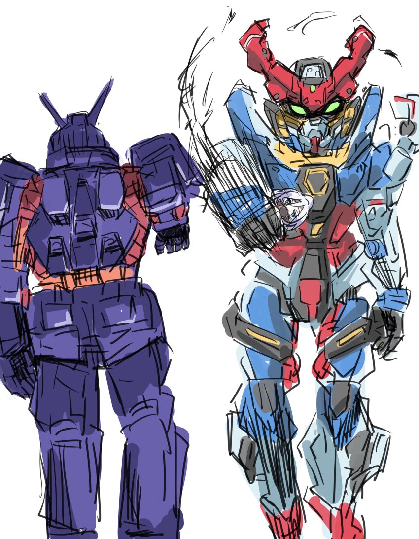 1girl absurdres blue_eyes deux_murasame gquuuuuux green_eyes gundam gundam_gquuuuuux hair_bun hebi_(rarata6o) highres holding hunter_x_hunter long_hair looking_at_viewer mask mecha mecha_focus mobile_suit mouth_mask psycho_gundam red_hair robot scene_reference science_fiction short_hair simple_background v-fin white_background white_hair zeta_gundam