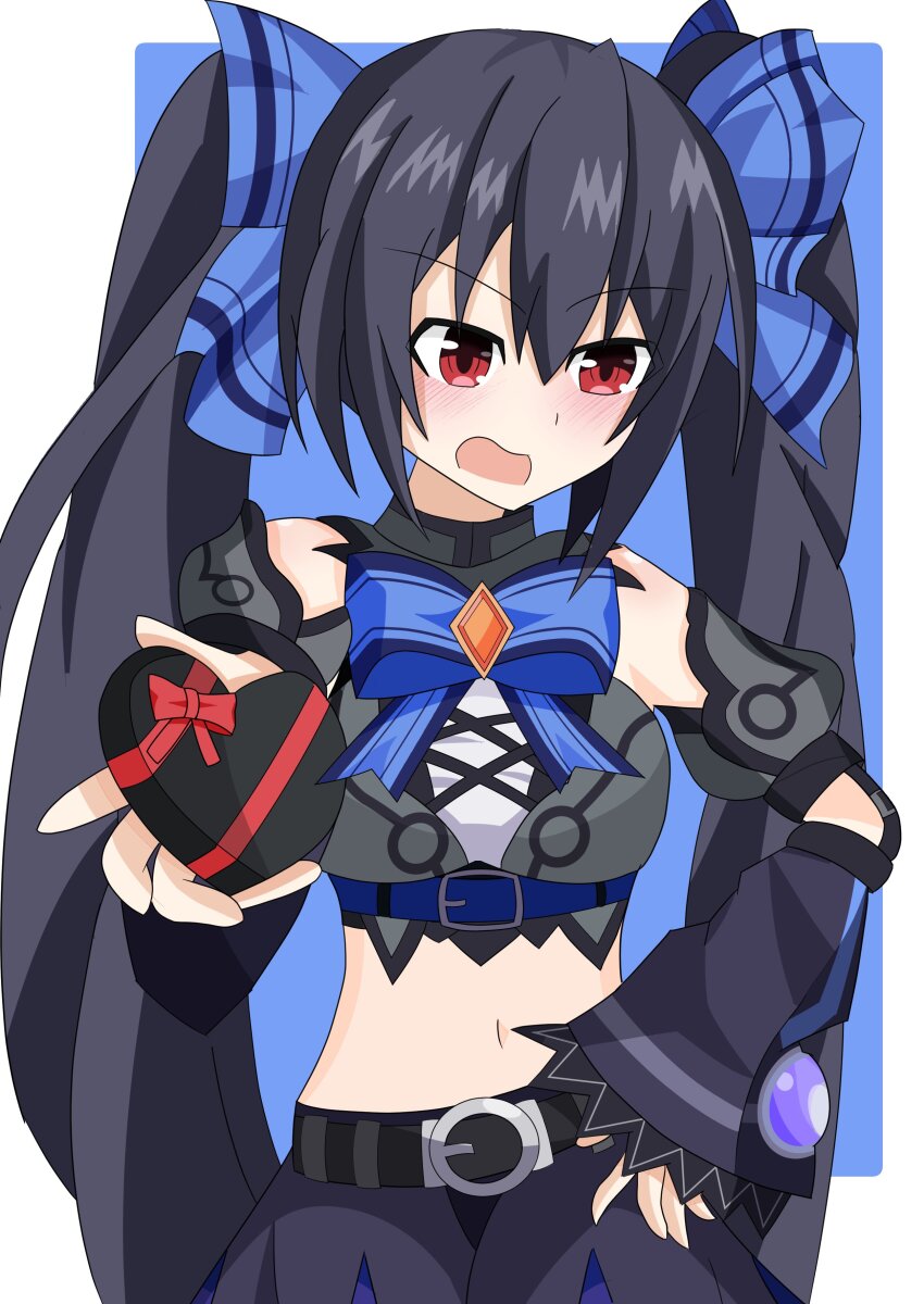 1girl absurdres averting_eyes black_hair blush box breasts hair_ribbon hand_on_own_hip heart-shaped_box highres kami_jigen_game_neptune_v large_breasts long_hair midriff navel neptune_(series) noire_(neptunia) open_mouth red_eyes ribbon skirt tongue tsundere twintails valentine