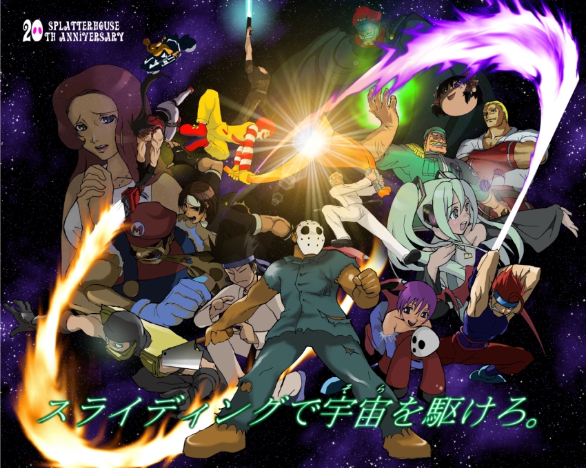 6+boys 6+girls arc_system_works bonus-kun_(artist) capcom clash colonel_sanders combat_echizen crossover dark-skinned_female dark_skin energy_sword epic everyone fatal_fury fire flying geese_howard general_(kaiser_knuckle) guilty_gear hakurei_reimu hatsune_miku japanese_text jason_voorhees jennifer jennifer_willis kaiser_knuckle kanzaki_hayato kanzaki_hayato_(star_gladiator) kfc kung_fu_man kusanagi_kyou lilith_(darkstalkers) long_hair looking_at_viewer m._bison m.u.g.e.n mario mario_(series) mask mcdonald&#039;s mortal_kombat_(series) motor_vehicle motorcycle multiple_boys multiple_crossover multiple_girls namco ninja nintendo open_mouth peketo rick rick_taylor ronald_mcdonald ryou_sakazaki ryuuko_no_ken sammy satire scorpion scorpion_(mortal_kombat) sega shinobi shinobi_(game) short_hair smile snk sol_badguy space splatterhouse star_(symbol) star_gladiator street_fighter street_fighter_ii_(series) super_mario_bros._1 sword text_focus the_black_heart the_king_of_fighters touhou translation_request darkstalkers vehicle vocaloid weapon yukkuri_shiteitte_ne
