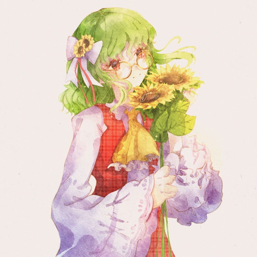 1girl ascot bow flower glasses green_hair hair_flower hair_ornament highres holding holding_flower kazami_yuuka long_sleeves medium_hair nywerya painting_(medium) plaid_clothes plaid_vest red_eyes red_vest round_eyewear simple_background smile solo split_mouth sunflower touhou traditional_media unmoving_pattern upper_body vest watercolor_(medium) white_background white_bow white_sleeves yellow_ascot