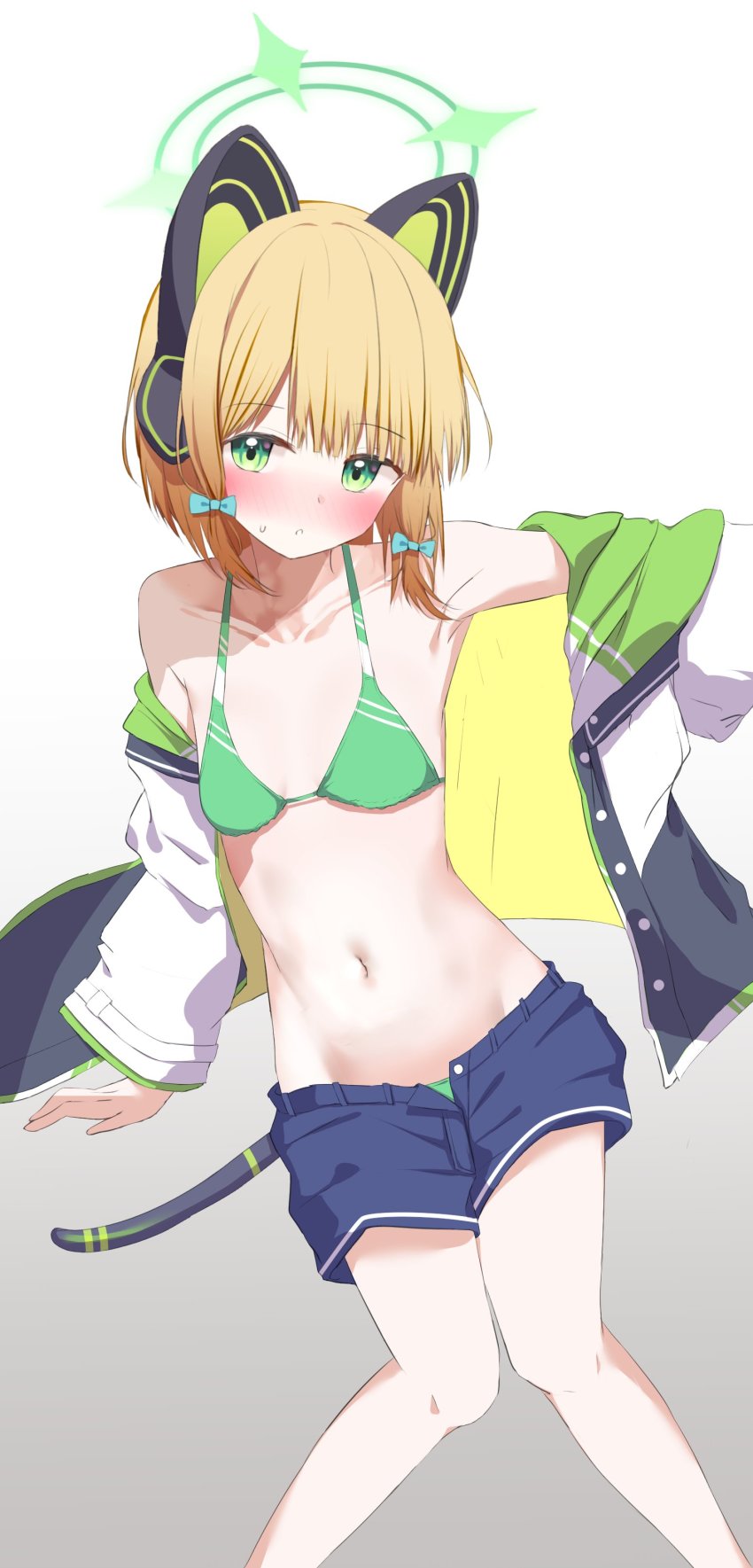 1girl absurdres animal_ears ashinagi_(bijutu1) bare_shoulders bikini bikini_under_clothes blonde_hair blue_archive blue_shorts blush bow breasts collarbone fake_animal_ears feet_out_of_frame gradient_background green_bikini green_eyes groin hair_bow halo highres jacket looking_at_viewer medium_hair midori_(blue_archive) navel off_shoulder outstretched_arm short_hair shorts small_breasts solo sweatdrop swimsuit tail