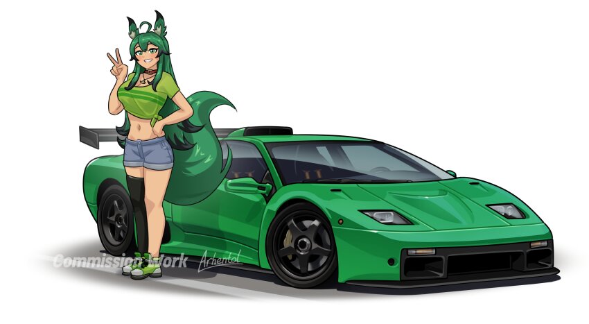 1girl absurdres ahoge animal_ears arhentol artist_name black_thighhighs blue_shorts car commentary commission english_commentary green_car green_eyes green_hair green_shirt green_shoes grin hand_on_own_hip hand_up highres lamborghini lamborghini_diablo long_hair midriff motor_vehicle navel original shirt shoes short_shorts shorts simple_background single_thighhigh smile sneakers solo sports_car tail thighhighs tied_shirt v vehicle_focus white_background