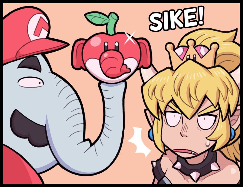!? 1boy 1girl ^^^ apple ayyk92 bare_shoulders blonde_hair blue_eyes bowsette cabbie_hat collar collarbone constricted_pupils crown dress earrings elephant_fruit elephant_mario facial_hair fang food fruit hair_between_eyes hat holding holding_food holding_fruit horns jewelry mario mario_(series) mustache new_super_mario_bros._u_deluxe nintendo off-shoulder_dress off_shoulder open_mouth orange_background pointy_ears apple red_headwear spiked_collar spikes super_crown super_mario_bros._wonder surprised