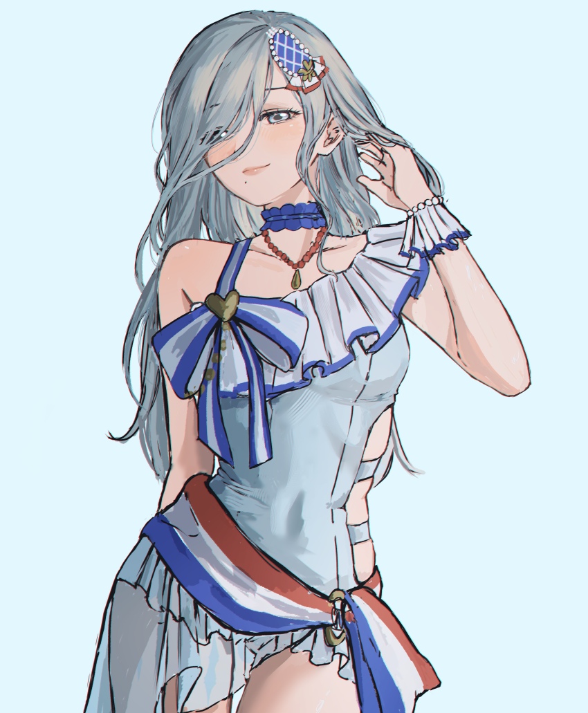 1girl absurdres aozora_no_saki_kagayaki_wo_oikakete_(project_sekai) bead_necklace beads blue_sash choker collarbone cowboy_shot frilled_choker frilled_cuffs frilled_one-piece_swimsuit frills green_background green_hair hair_ornament hair_over_one_eye hand_in_own_hair highres hinomori_shizuku jewelry korean_commentary long_hair mole mole_under_mouth multicolored_sash necklace one-piece_swimsuit project_sekai red_sash sash sidelocks simple_background smile solo swimsuit white_sash wrist_cuffs zeoksang