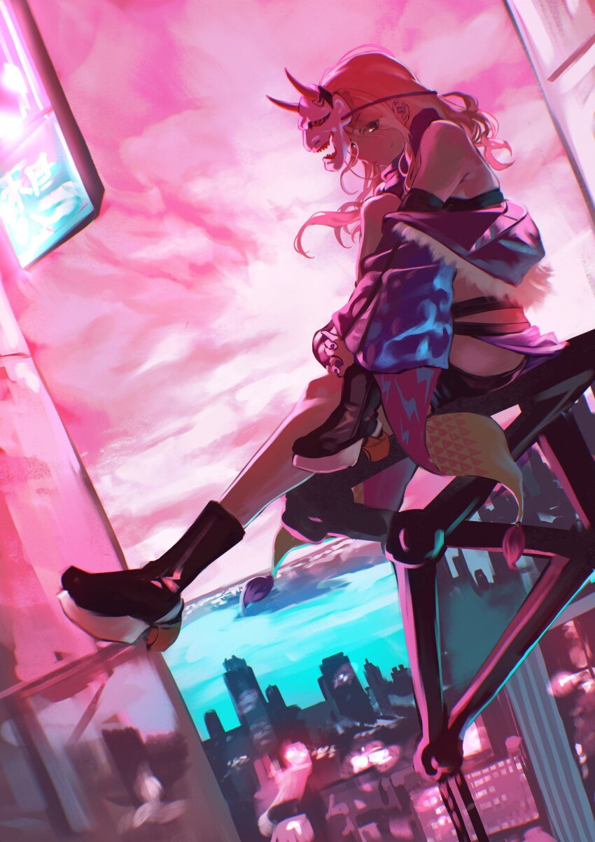 1girl black_boots black_eyes blue_jacket boots cityscape dark-skinned_female dark_skin expressionless from_side fur-trimmed_jacket fur_trim highres idolmaster idolmaster_shiny_colors izumi_mei jacket jacket_partially_removed long_hair mask mask_on_head ocean oni_mask otsudou pink_sky purple_nails scarf sky solo