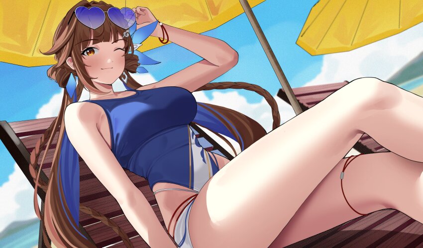 1girl absurdres adjusting_eyewear arm_up bare_arms beach beach_umbrella blue-tinted_eyewear blue_one-piece_swimsuit breasts brown_eyes brown_hair closed_mouth collarbone commentary day eyewear_on_head feet_out_of_frame haerge highres honkai_(series) honkai_impact_3rd large_breasts li_sushang li_sushang_(summer_2023) long_hair looking_at_viewer ocean official_alternate_costume one-piece_swimsuit one_eye_closed outdoors red_pupils sitting smile solo sunglasses swimsuit thighhighs thighs tinted_eyewear umbrella