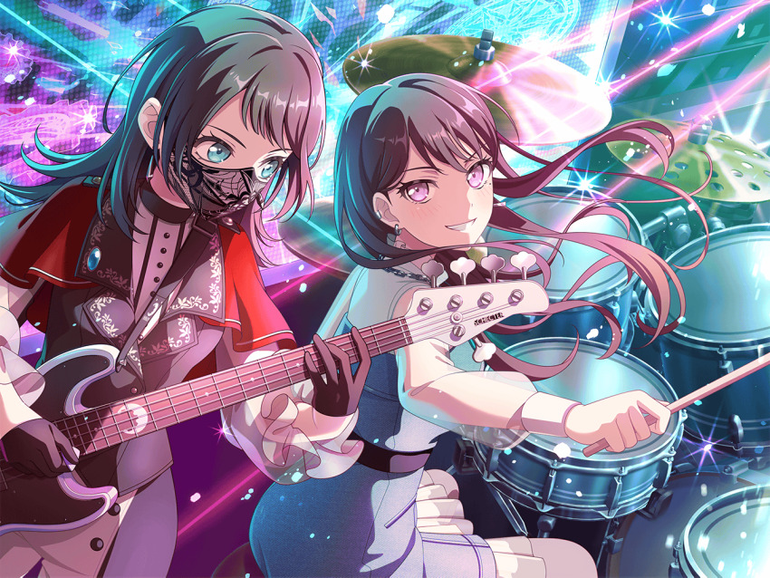 2girls 5-string_bass_guitar bang_dream! bang_dream!_it&#039;s_mygo!!!!! bass_guitar belt black_belt black_hair black_mask black_pants black_vest blue_brooch blue_dress blue_eyes blush capelet dithering dress drum drum_set drumsticks earclip earrings extended_range_bass_guitar floating_hair holding holding_bass_guitar holding_drumsticks holding_instrument holding_plectrum instrument jewelry long_hair looking_at_viewer mask mole mole_under_eye mouth_mask multiple_girls official_art open_mouth pants plectrum purple_eyes red_capelet shiina_taki third-party_source timoris_(bang_dream!) two-tone_pants vest white_pants yahata_umiri