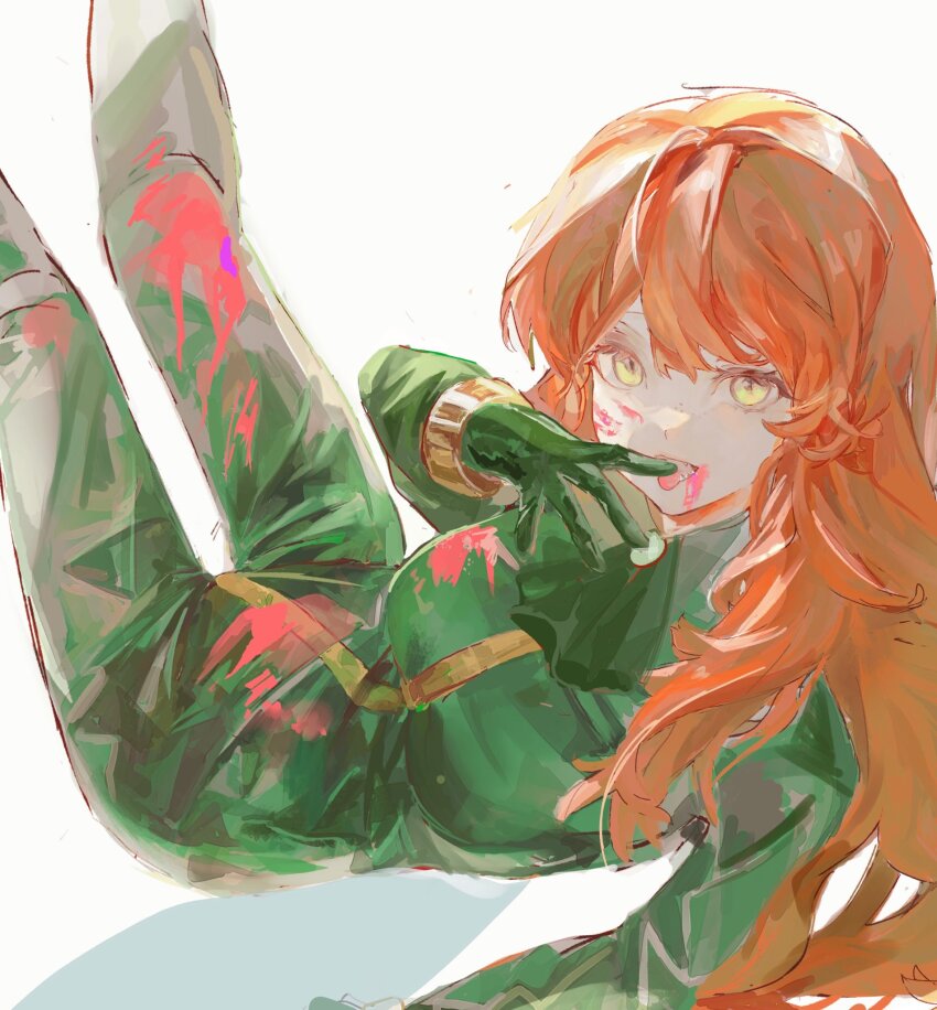 1girl blood blood_on_clothes blood_on_face blood_on_tongue bodysuit e.g.o_(project_moon) freckles green_bodysuit green_eyes highres ishmael_(project_moon) legs_up licking licking_finger limbus_company long_hair looking_at_viewer lying o_tyappa on_back orange_hair project_moon reclining simple_background solo very_long_hair white_background wingbeat_(e.g.o)