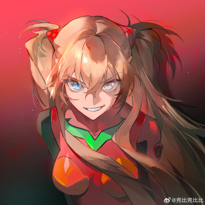 1girl blue_eyes bodysuit breasts brown_hair eva_(metal_gear) gradient_background grin hair_between_eyes heterochromia highres long_hair looking_at_viewer mecha_pilot_suit neon_genesis_evangelion plugsuit red_background red_bodysuit smile solo souryuu_asuka_langley teeth two_side_up upper_body yuanyi163