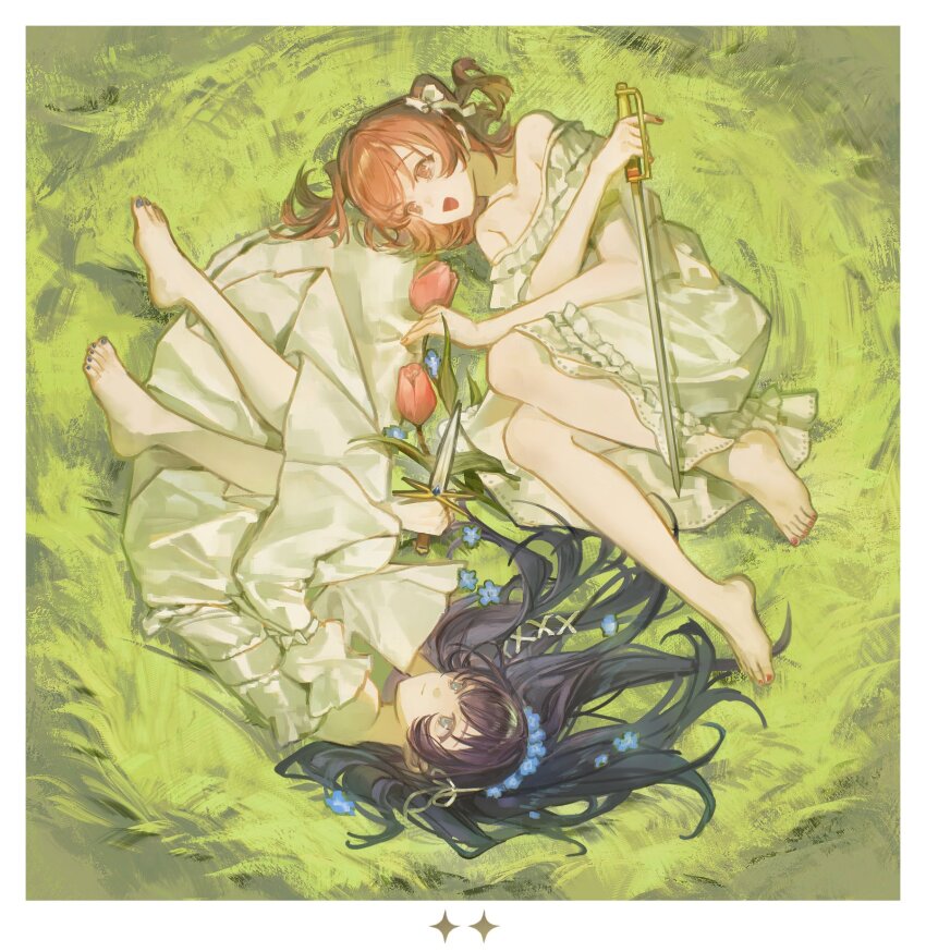 2girls aijou_karen barefoot black_hair blue_eyes blue_flower border brown_eyes brown_hair commentary dress flower frilled_dress frilled_sleeves frills grass hair_flower hair_ornament hair_ribbon highres holding holding_sword holding_weapon kagura_hikari lengdong_shui_xi_chong long_hair long_sleeves looking_at_another lying multiple_girls off-shoulder_dress off_shoulder official_alternate_costume on_grass on_side possibility_of_puberty_(sword) puffy_short_sleeves puffy_sleeves ribbon short_dress short_hair short_sleeves shoujo_kageki_revue_starlight smile sword tulip two_side_up weapon white_border white_dress wide_sleeves