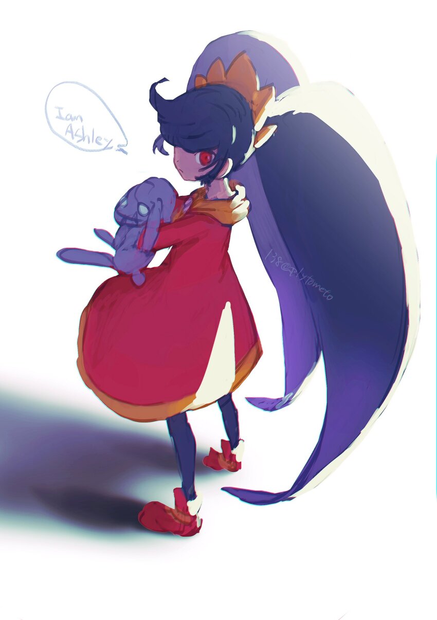 1girl ashley_(warioware) black_hair black_pantyhose closed_mouth dress full_body highres long_hair neckerchief nintendo orange_neckerchief pantyhose plytometo red_dress red_eyes shadow simple_background solo standing stuffed_animal stuffed_rabbit stuffed_toy twintails very_long_hair warioware white_background