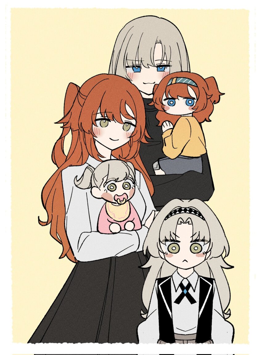5girls baby bib black_ribbon black_shirt black_skirt black_vest blue_eyes blue_hairband blush border brown_eyes carrying_baby carrying_person checkered_hairband closed_mouth collared_shirt corrupted_twitter_file cradling grey_hair hairband highres if_they_mated korean_commentary long_hair long_skirt long_sleeves looking_at_viewer matilda_bouanich multiple_girls one_side_up orange_hair pacifier parted_bangs reverse:1999 ribbon shirt skirt smile sonetto_(reverse:1999) two_side_up vest white_border white_shirt yellow_background yellow_shirt yom_(yuri100157) yuri