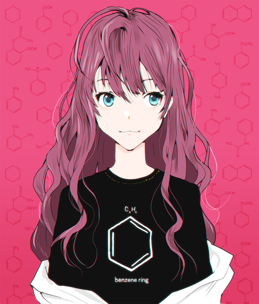 1girl :3 benzene_ring blue_eyes chemical_structure highres ichinose_shiki idolmaster idolmaster_cinderella_girls long_hair looking_to_the_side pink_background smile solo tamaoki_benkyou upper_body