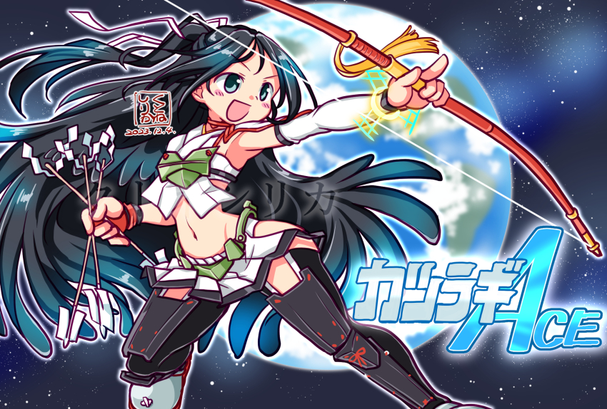arrow_(projectile) artist_logo asymmetrical_gloves black_thighhighs dated earth_(planet) feet_out_of_frame gloves gundam_ace hair_ribbon highres hip_vent holding holding_arrow kantai_collection katsuragi_(kancolle) katsuragi_kai_(kancolle) kutone_shirika logo midriff muneate navel parody planet ponytail ribbon skirt space thighhighs title_parody uneven_gloves white_ribbon white_skirt