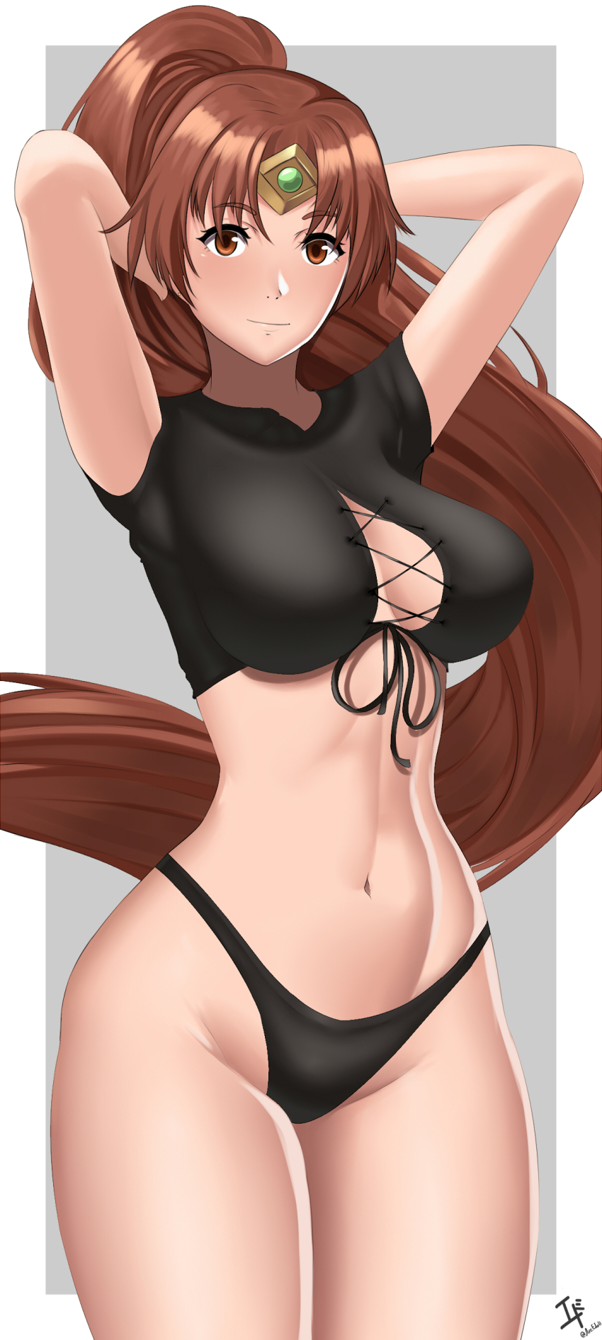 1girl absurdres arcedo arms_behind_head arms_up black_panties breasts brown_eyes brown_hair cleavage cleavage_cutout clothing_cutout commission crop_top facing_viewer fire_emblem fire_emblem:_mystery_of_the_emblem fire_emblem:_shadow_dragon_and_the_blade_of_light highres large_breasts light_smile linde_(fire_emblem) long_hair looking_at_viewer midriff nintendo panties ponytail smile solo stomach thick_thighs thighs tiara toned toned_female underwear very_long_hair