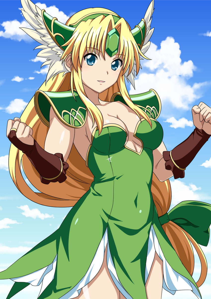 1girl absurdres armor artist_request blonde_hair blue_eyes blue_sky bow breasts bridal_gauntlets brown_gloves cleavage cloud collarbone dress female_focus forehead_jewel gloves hair_bow head_wings helmet highres long_hair looking_at_viewer low-tied_long_hair medium_breasts pauldrons riesz seiken_densetsu seiken_densetsu_3 shoulder_armor sky solo square_enix strapless strapless_dress very_long_hair winged_helmet wings