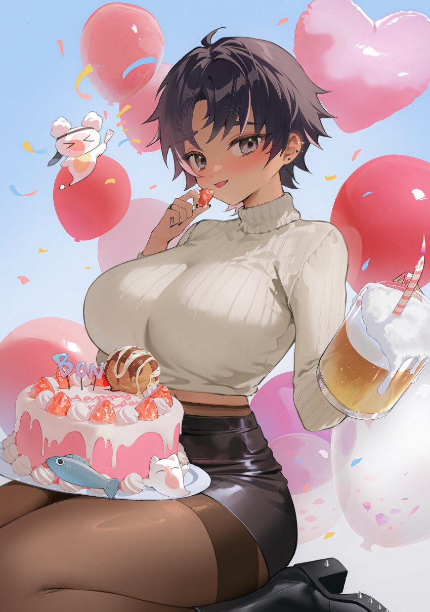 1girl absurdres ahoge alcohol balloon beer beer_mug birthday birthday_cake black_boots black_eyes black_hair black_nails black_pantyhose black_skirt blush bon_(vtuber) boots breasts brown_sweater cake commentary commission confetti cropped_sweater cup curtained_hair curvy earrings fine_fabric_emphasis food fruit happy_birthday heart_balloon highres holding holding_cup holding_food holding_fruit indie_virtual_youtuber jewelry large_breasts long_sleeves looking_at_viewer midriff_peek miniskirt mug pantyhose pencil_skirt platform_boots ribbed_sweater ring second-party_source seiza short_hair sitting skirt solo spiked_ear_piercing stud_earrings sweater thick_thighs thighs timy tongue tongue_out turtleneck turtleneck_sweater virtual_youtuber